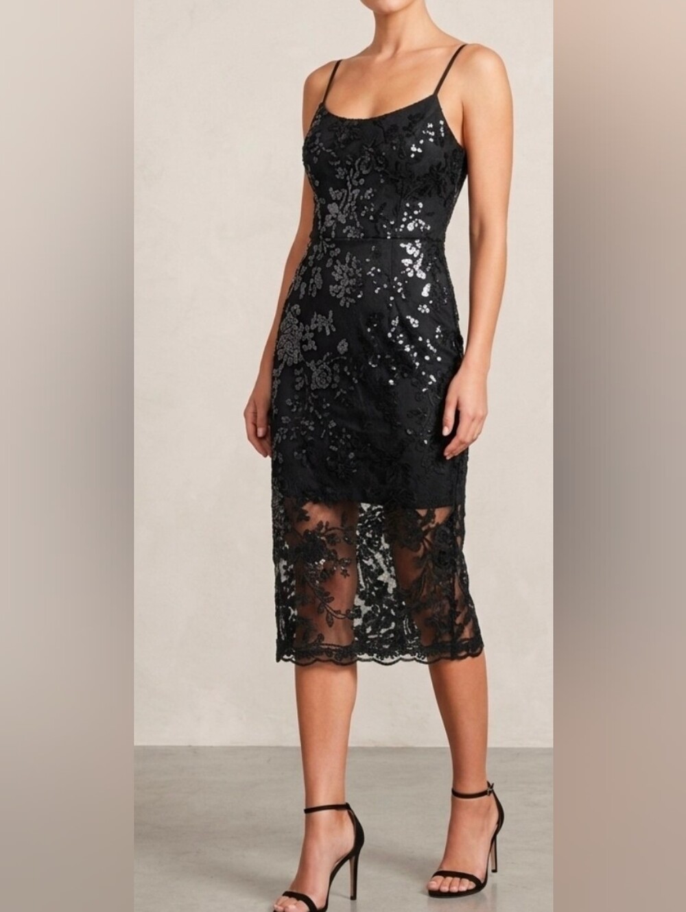 Dress The Population Black Lace Sequin Cocktail Dress Size Small EUC